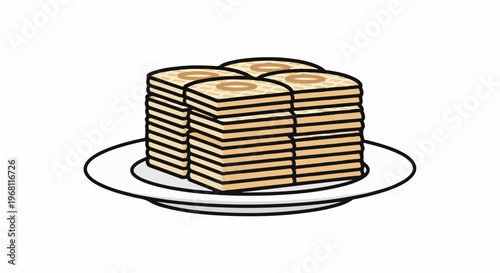 Stack of round-topped, layered pancakes on a white plate