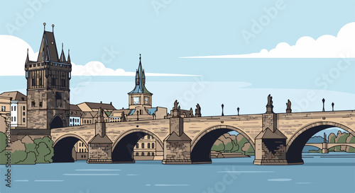 Stone bridge with towers and statues crosses blue water under sky