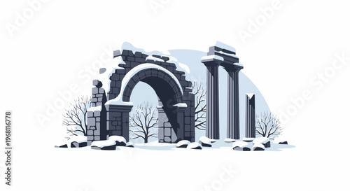 Snow-covered ancient ruins, featuring an arched gateway and crumbling pillars