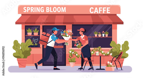 Delivery Man Giving Flowers to Cafe Employee Outside Spring Bloom Caffe