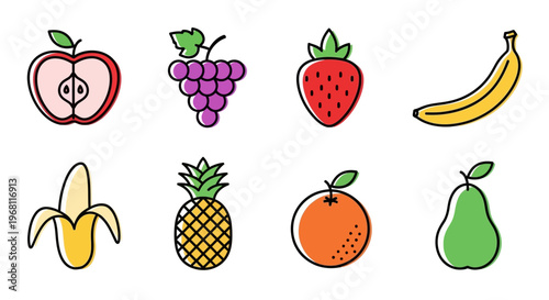 Colorful hand-drawn fruit illustrations featuring apple grapes strawberry banana pear orange and