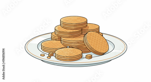 Stacked golden round wafers with a waffle pattern on a white plate