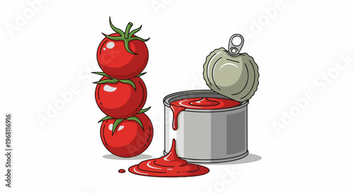 Stacked fresh tomatoes next to an opened can of red sauce