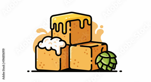 Stacked cubes of amber liquid with foam and hop cone