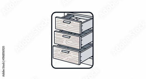 Stack of three open drawers with wood grain texture and handles