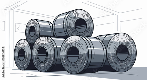 Stacked metal rolls inside a warehouse structure