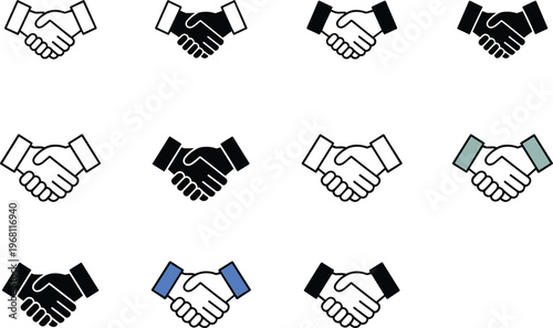 Handshake icon set business partnership agreement cooperation deal trust symbols in flat outline and colored styles isolated vector illustration collection for corporate branding