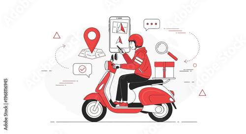 Delivery man on scooter with package and phone, online order tracking