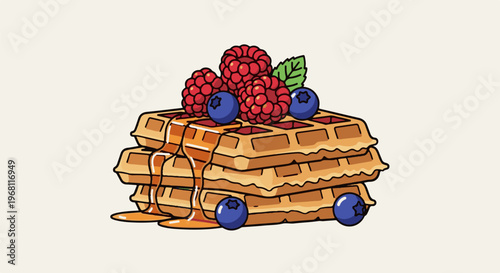 Stack of waffles drizzled with syrup and topped with berries