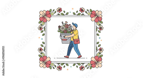 Delivery person carrying bucket of flowers in floral frame, flat illustration