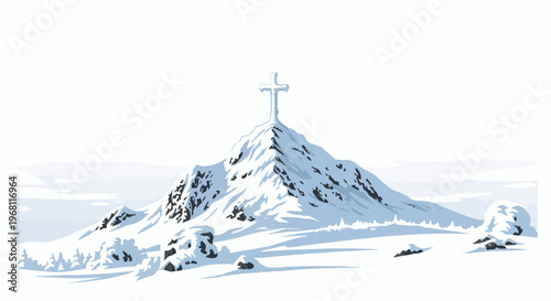 Snow-covered mountain peak adorned with a prominent cross against a winter sky