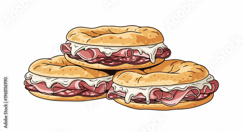 Stack of three delicious bagel sandwiches with cured meats and cheese