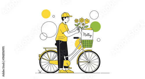 Delivery person with bicycle and flowers, flat design, yellow and green accents