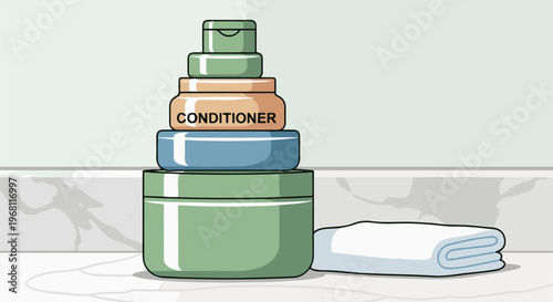 Stacked bathroom containers and folded towel on marbled surface