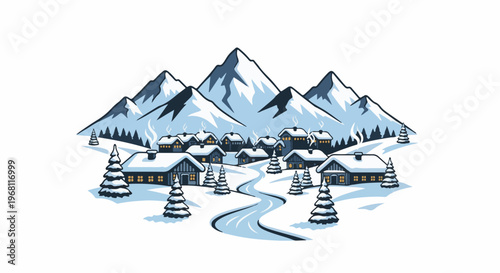 Snow-covered village nestled at the base of majestic, blue-hued mountains