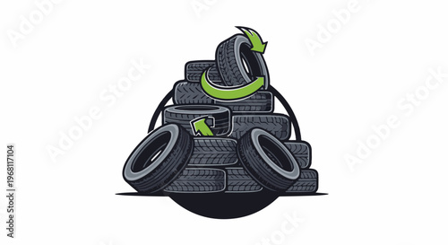 Stacked car tires with green recycling arrows, symbolizing reuse and sustainability