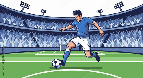 Soccer player in action on a green field with cheering crowd in stadium