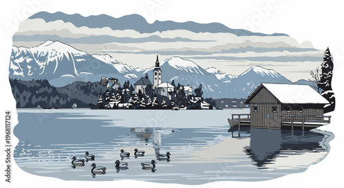 Snowy lake scene with island church, mountains, ducks, and boathouse