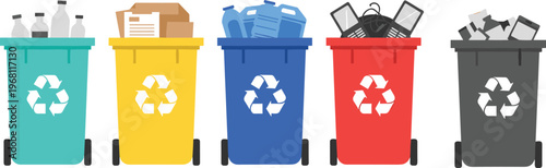 Recycling bins set with plastic paper glass electronic and general waste containers for environmental sorting waste management sustainability vector illustration design