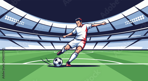 Soccer player in white uniform kicks ball on green field at stadium