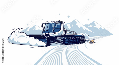Snow groomer pushing snow on a mountain slope with ski tracks