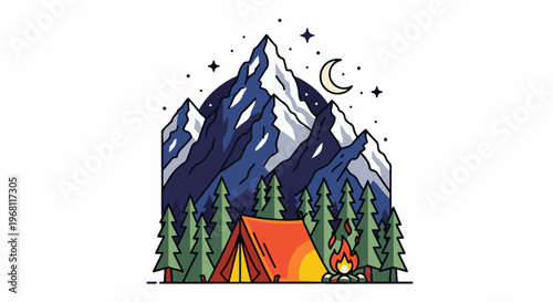 Snowy peaks tower over a campsite with a glowing tent and campfire
