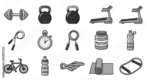 Fitness and exercise equipment displayed in a grayscale flat design illustration