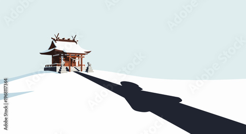 Snowy shrine with a long shadow stretching across the landscape