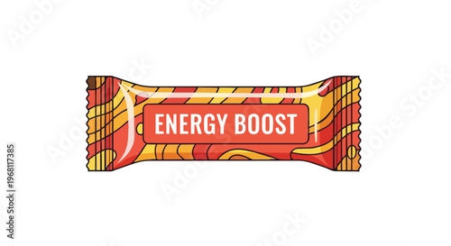 Vibrant illustrated energy boost bar package featuring a dynamic red and yellow design, ready to provide quick sustenance and a revitalizing lift.