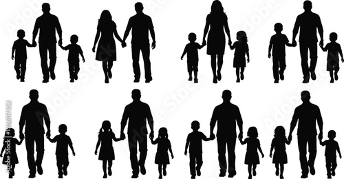 Family silhouettes collection vector illustration parents with children walking holding hands black figures isolated design elements minimal style set