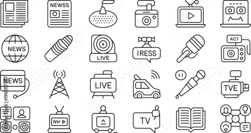 Collection of flat design media and communication icons isolated on transparent background