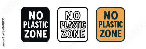No plastic zone icon set. plastic free, zero waste, ban single-use, environmental message, reusable alternatives. outline flat and colored vector illustration.