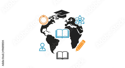Global Academic Pursuit Depicted with Symbols Representing Education, Science, and Engagement