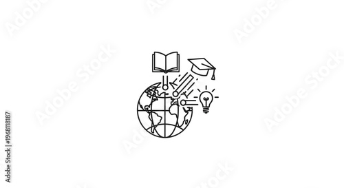 Global education and knowledge acquisition represented through simple line art and world map