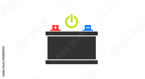 Graphic illustration of a car battery with power button, positive, and negative symbols