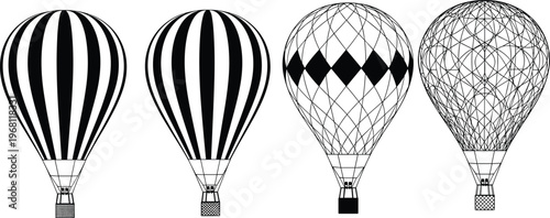 Hot air balloon silhouettes set with striped and wireframe designs isolated on white background for travel adventure transport vector illustration collection