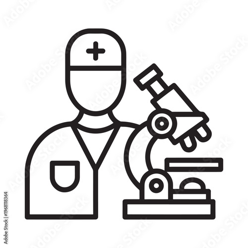 Line art illustration of a doctor examining a sample with a microscope