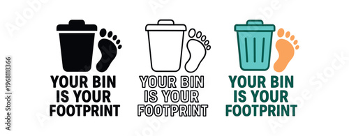 Your bin is your footprint icon set. trash footprint, waste responsibility, landfill impact, sorting, bin awareness. line, flat and colored vector icon set.