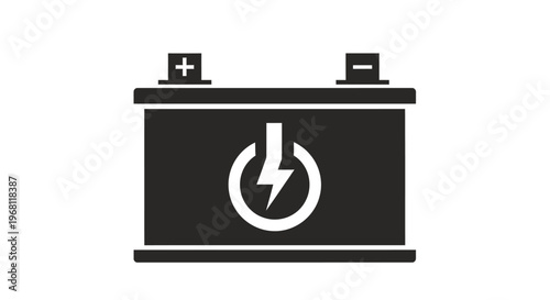 Graphic illustration of a car battery with power symbol, positive and negative terminals