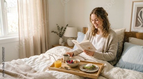 Woman Eating Breakfast in Bed Reading.