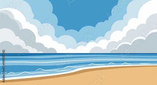 Stylized beach scene with sandy shore, blue ocean waves, and fluffy clouds