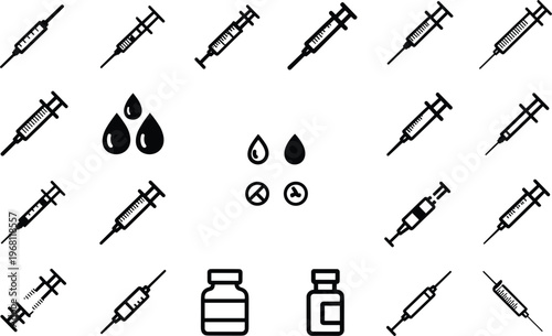 Medical syringe and vaccine icons with droplets and vial set representing healthcare injection immunization medicine treatment and vaccination concept in flat vector style