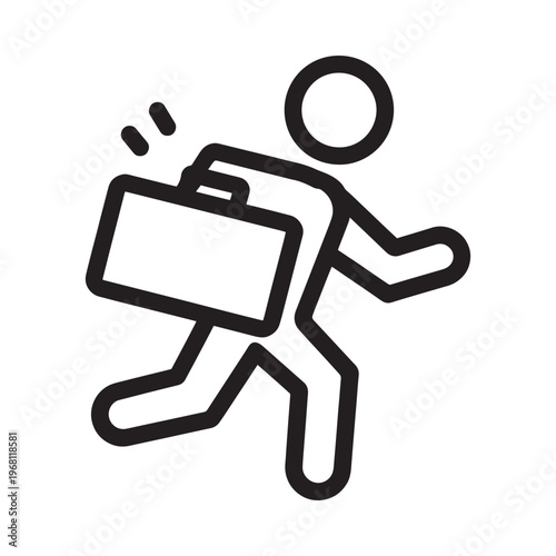 A simple black and white line drawing of a person running with a briefcase