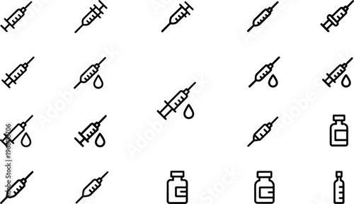 Medical syringe and vaccine vial icon set representing healthcare injection immunization medicine treatment and vaccination concepts in simple flat vector style