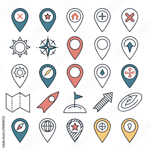 Travel and map icon collection including folded paper map illustration rocket ship symbols home markers and directional arrows for site navigation.