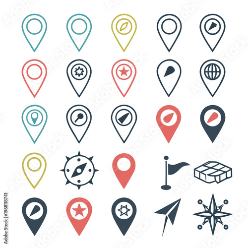 Set of navigation pins and map location markers featuring diverse icons such as compass stars flags and globes for travel and positioning design.