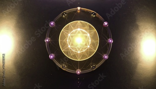 Abstract geometric design with glowing light and purple orbs.