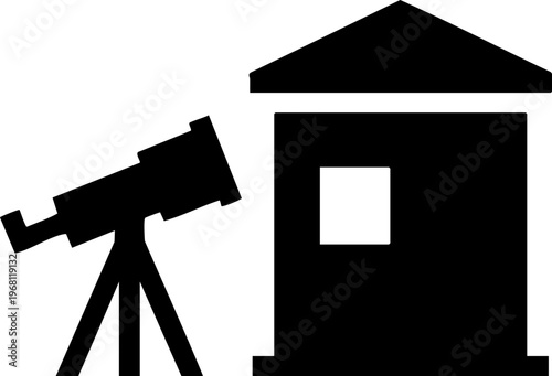 Observatory building with telescope and window on checkered background vector illustration.