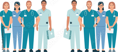 Medical team doctors and nurses vector illustration healthcare professionals group in uniform flat design hospital staff characters isolated on white background