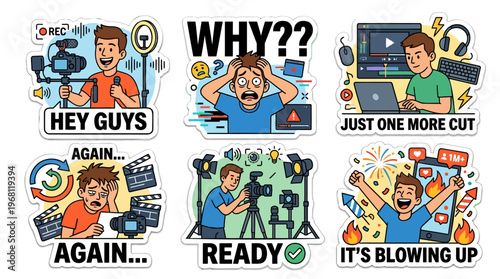 Content creator life cartoon sticker set flat vector featuring video production recording editing process retake stress ready for shoot and viral success on social media with inclusive character